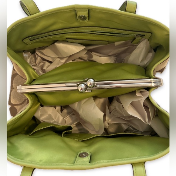 COACH signature beige fabric and lime green stripe bag, EUC - Picture 3 of 16